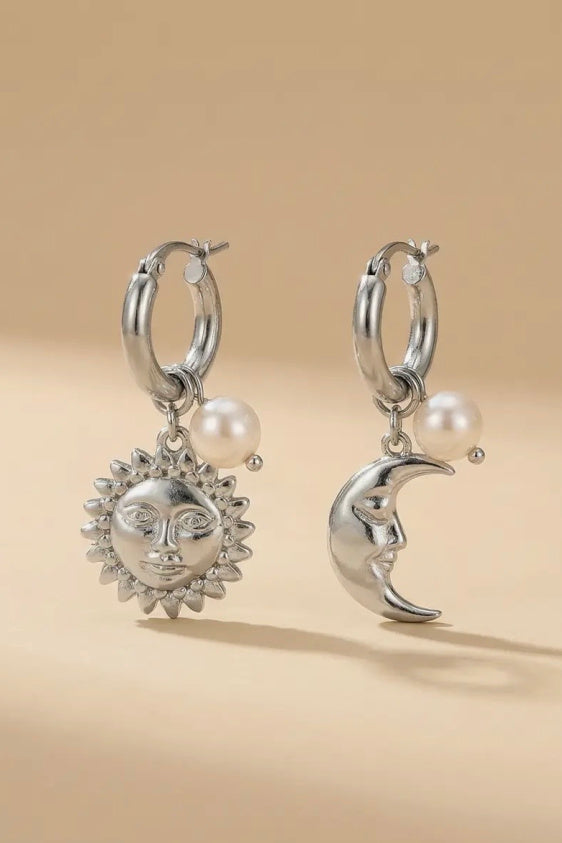 Moon and Sun Charm Pearl Hoop Earrings in Silver