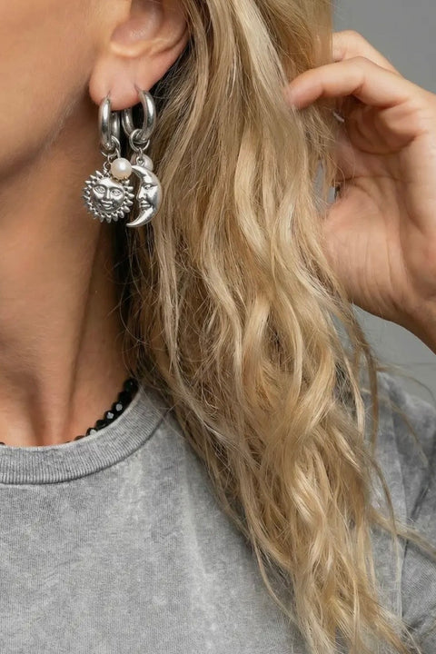 Moon and Sun Charm Pearl Hoop Earrings in Silver