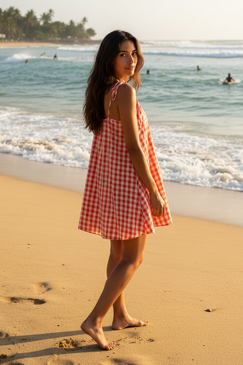 Mischa Tie Gingham Mini Dress -Tomato Gingham