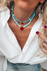 Semiprecious Howlite Turquoise Bead Necklace - Mini Red Heart