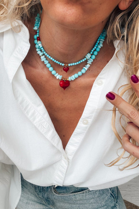 Semiprecious Howlite Turquoise Bead Necklace - Red Heart
