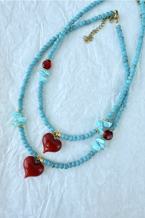 Semiprecious Howlite Turquoise Bead Necklace - Red Heart