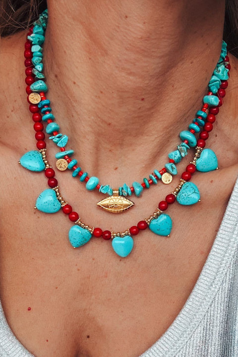 Red Bead and Turquoise Hearts Layer Necklace