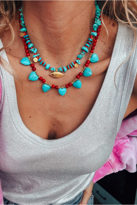 Red Bead and Turquoise Hearts Layer Necklace