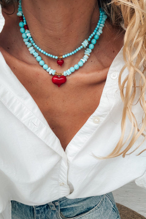 Semiprecious Howlite Turquoise Bead Necklace - Red Heart