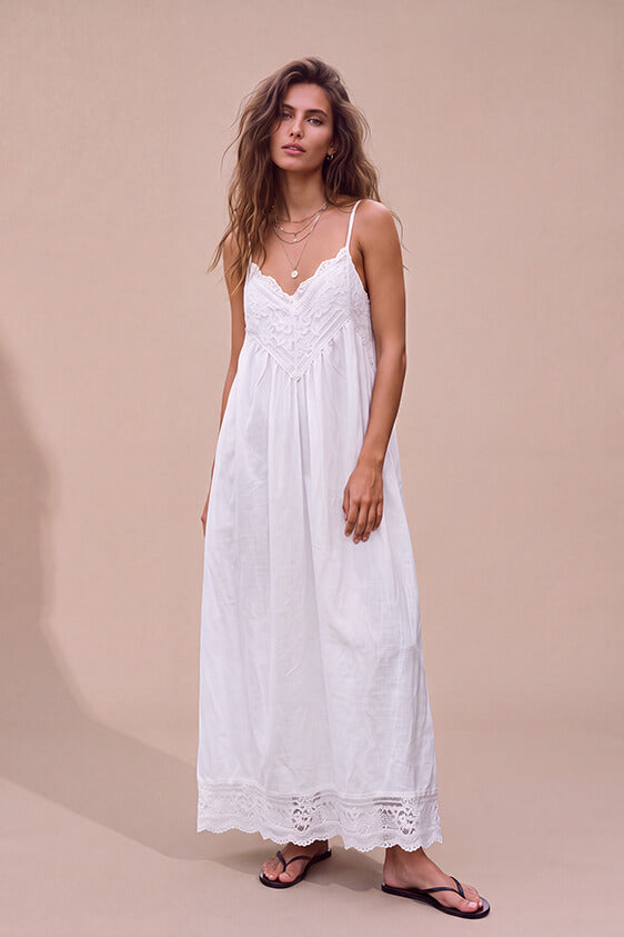 Lace Trim Maxi Dress - White