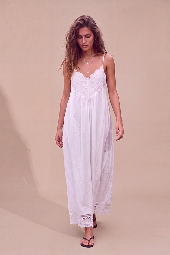 Lace Trim Maxi Dress - White