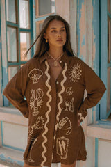 Wine Club Long Sleeve Shirt Dress - Brown