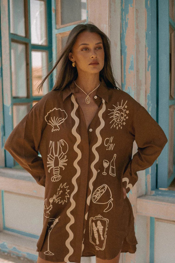 Wine Club Long Sleeve Shirt Dress - Brown