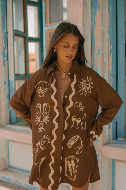 Wine Club Long Sleeve Shirt Dress - Brown