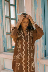 Wine Club Long Sleeve Shirt Dress - Brown
