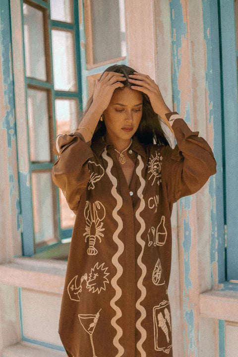 Wine Club Long Sleeve Shirt Dress - Brown