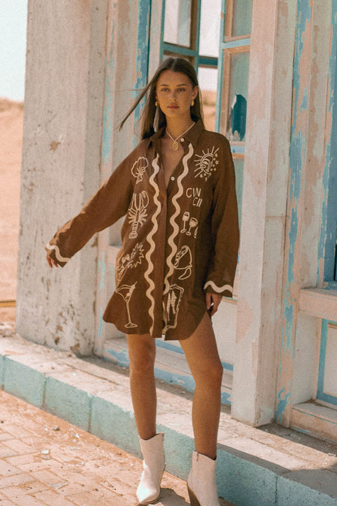 Wine Club Long Sleeve Shirt Dress - Brown