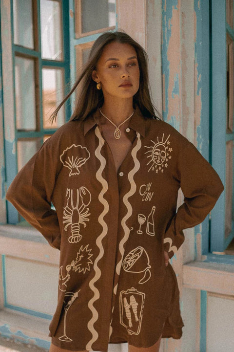 Wine Club Long Sleeve Shirt Dress - Brown