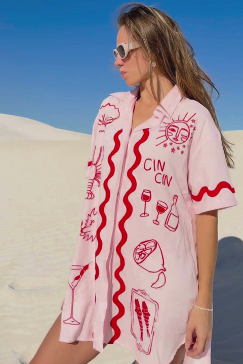 Wine Club Shirt Dress - Pink/Red