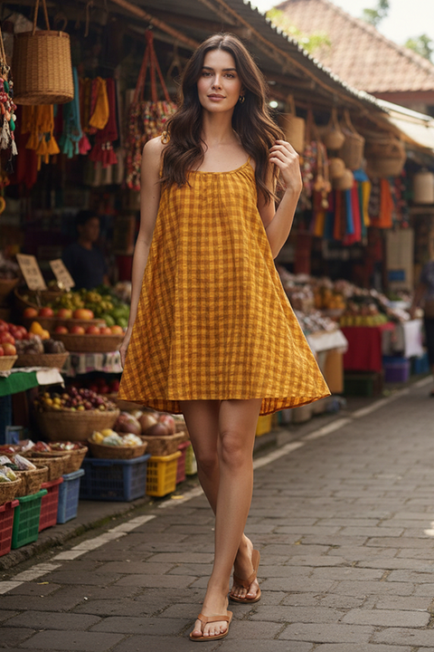 Mischa Tie Gingham Mini Dress - Mustard Cinnamon Gingham