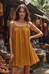 Mischa Tie Gingham Mini Dress - Mustard Cinnamon Gingham
