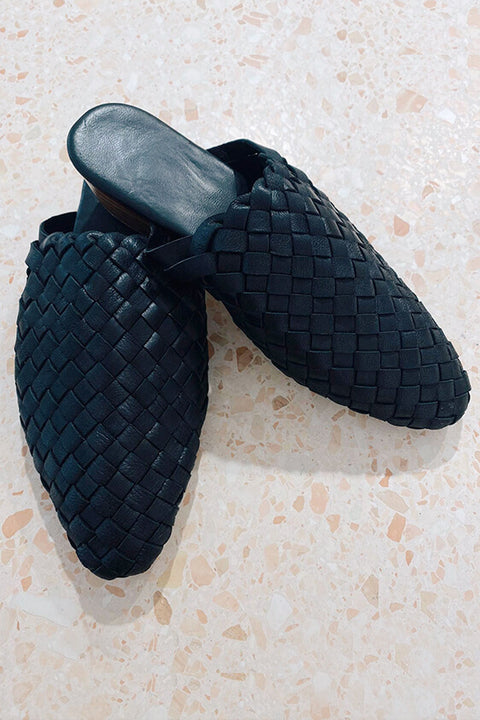 Woven Leather Mules - Black