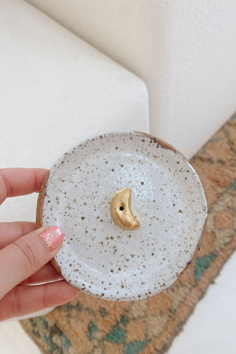 Medium Gold Moon Incense Holder - White Dribble Glaze Speckled Clay