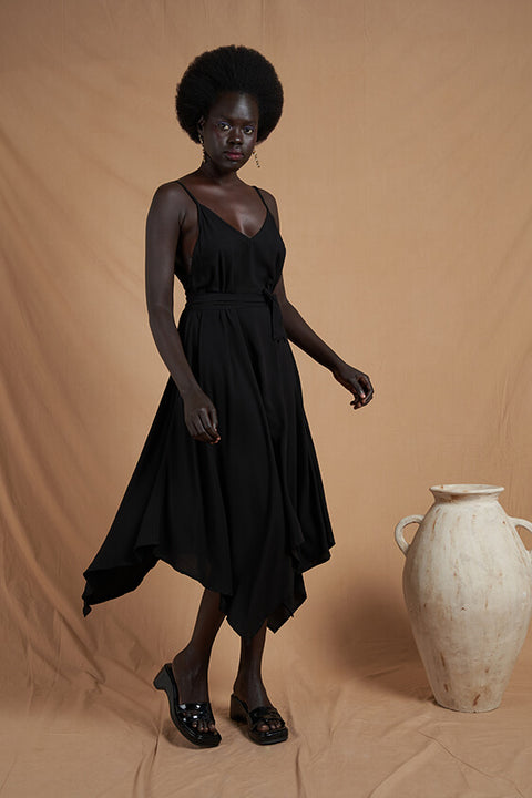 Handkerchief Strappy Dress - Black Rayon